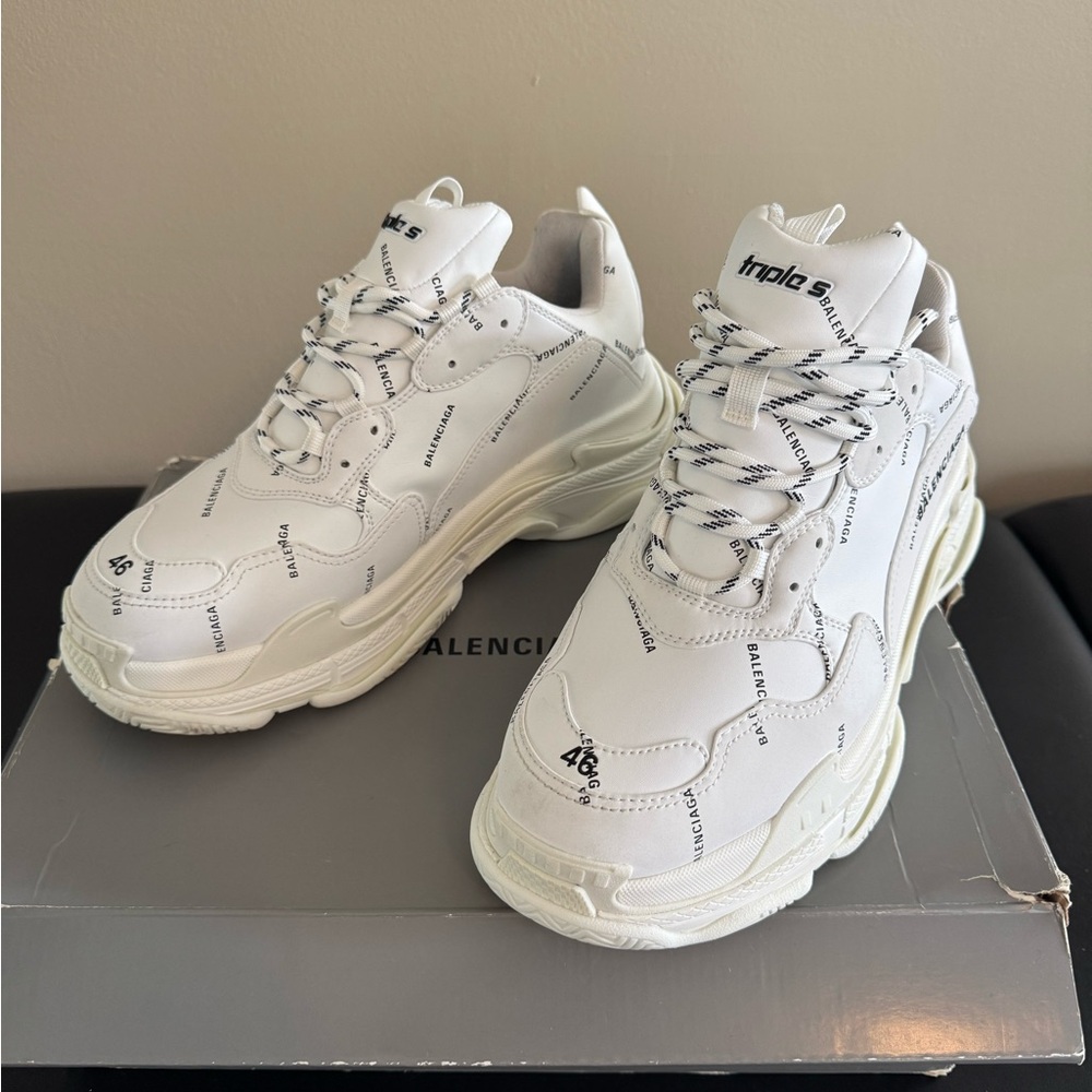 Authentic Balenciaga Triple S Allover Logo-Print White & Black Sneakers